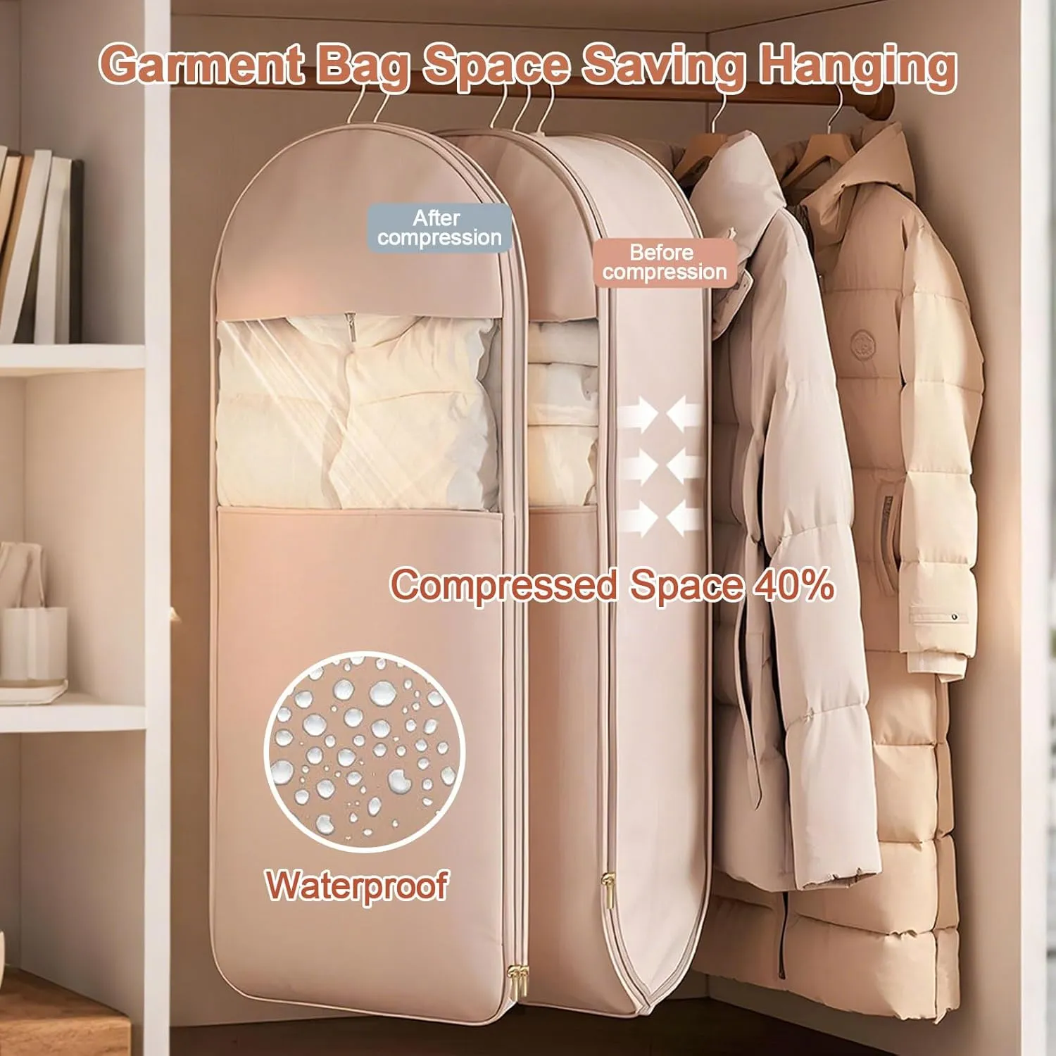 2025 New Space Saving Hanging Garment Bag with Self Compression Zipper,Heavy Duty Garment Bag for Down Coat,Space Saver Closet Organizers (white, L XL)