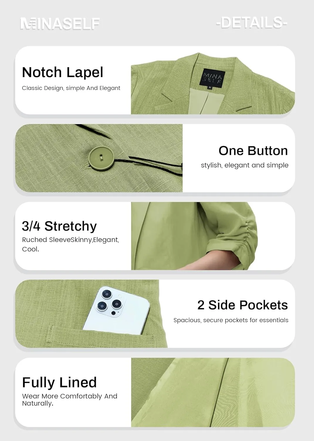 2025 Summer Linen Blazer Women Lightweight 3/4 Stretchy Ruched Sleeve Fully-Lined Casual Work Jacket with Pockets