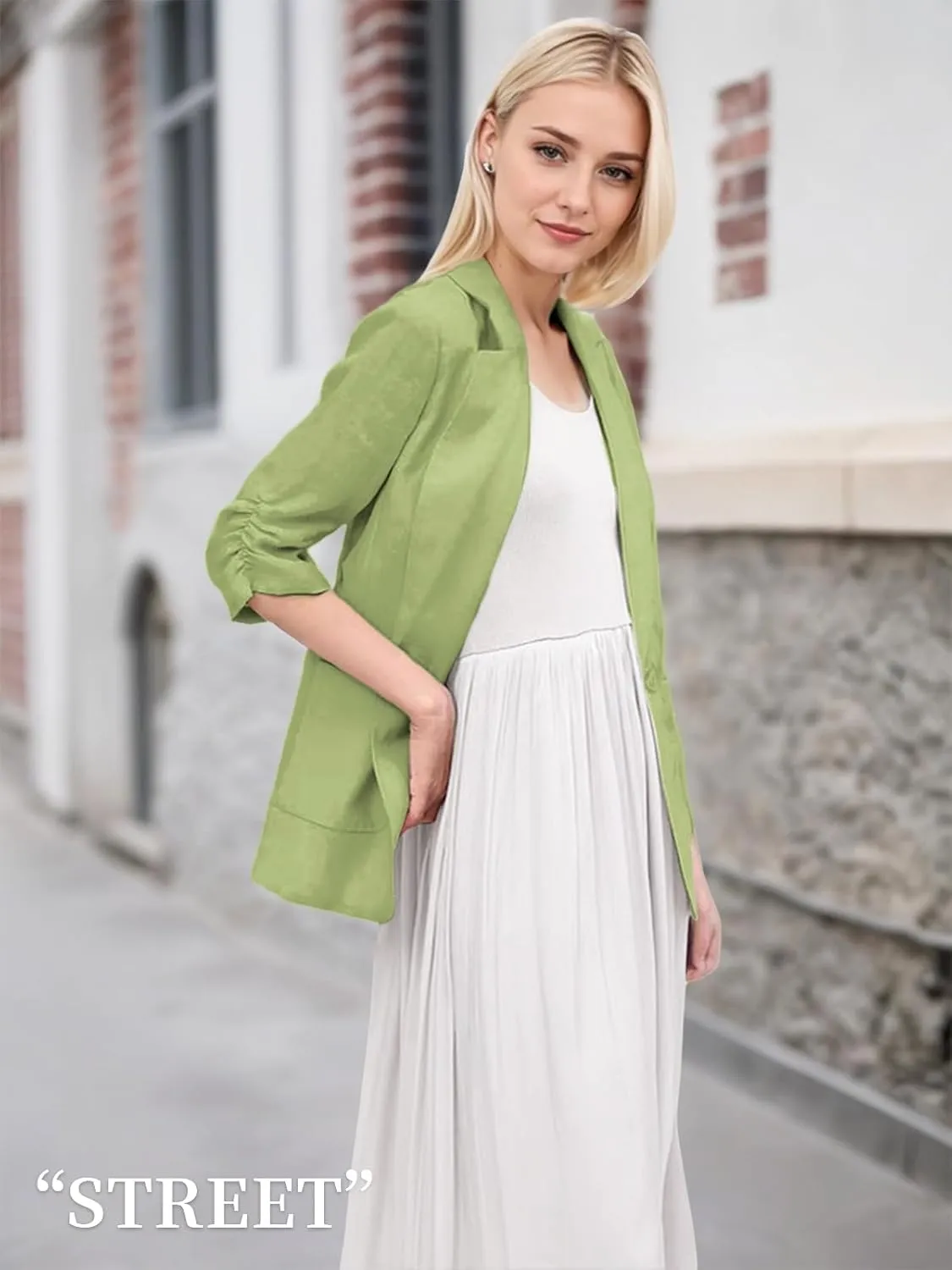 2025 Summer Linen Blazer Women Lightweight 3/4 Stretchy Ruched Sleeve Fully-Lined Casual Work Jacket with Pockets