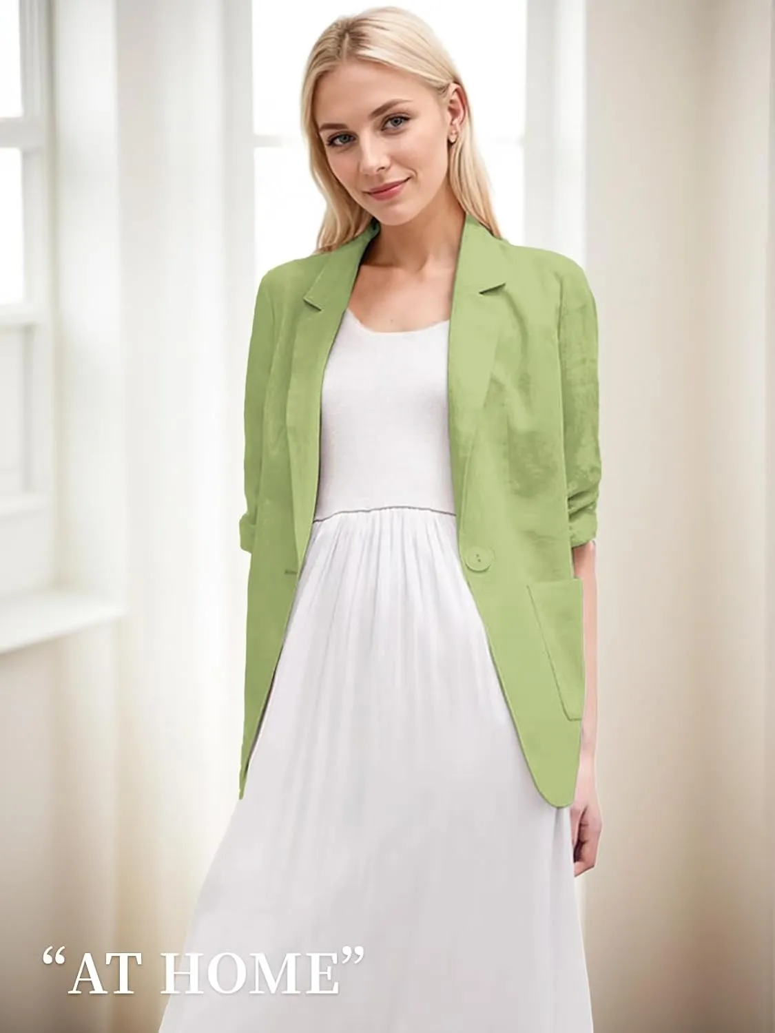 2025 Summer Linen Blazer Women Lightweight 3/4 Stretchy Ruched Sleeve Fully-Lined Casual Work Jacket with Pockets