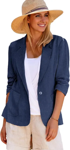 2025 Summer Linen Blazer Women Lightweight 3/4 Stretchy Ruched Sleeve Fully-Lined Casual Work Jacket with Pockets
