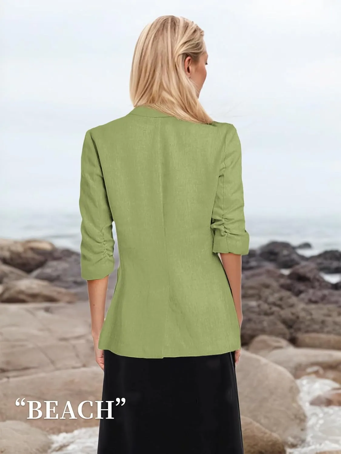 2025 Summer Linen Blazer Women Lightweight 3/4 Stretchy Ruched Sleeve Fully-Lined Casual Work Jacket with Pockets