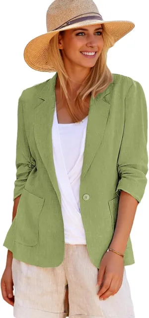 2025 Summer Linen Blazer Women Lightweight 3/4 Stretchy Ruched Sleeve Fully-Lined Casual Work Jacket with Pockets