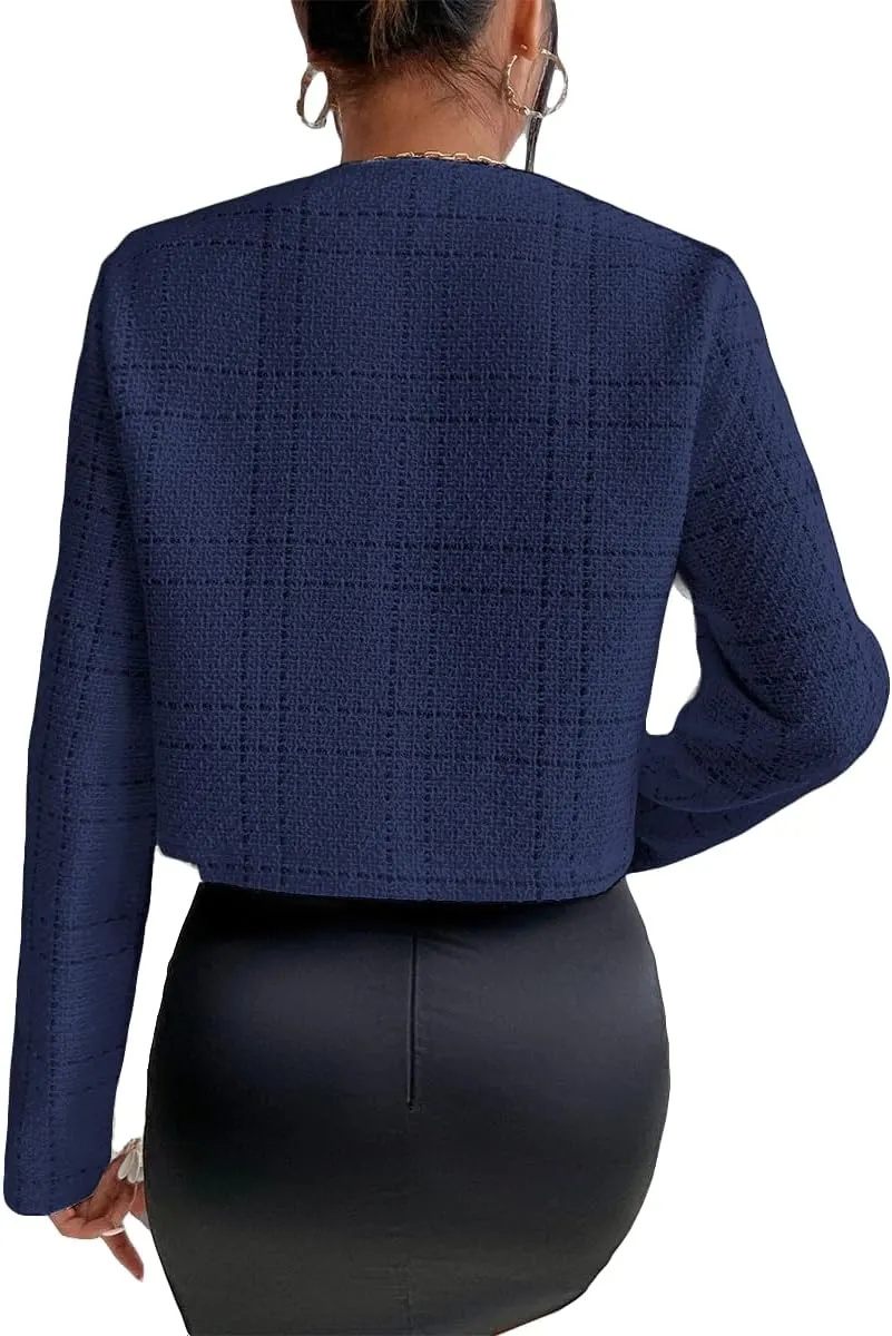 2025 Women's Spring Cropped Blazer Jacket Tweed Plaid Open Front Collarless Casual Business Office Suit Pockets