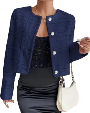 2025 Women's Spring Cropped Blazer Jacket Tweed Plaid Open Front Collarless Casual Business Office Suit Pockets