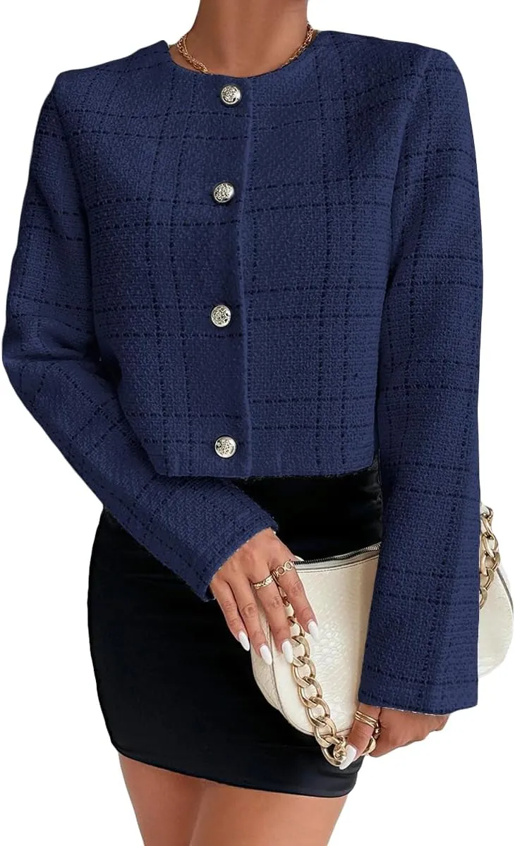 2025 Women's Spring Cropped Blazer Jacket Tweed Plaid Open Front Collarless Casual Business Office Suit Pockets