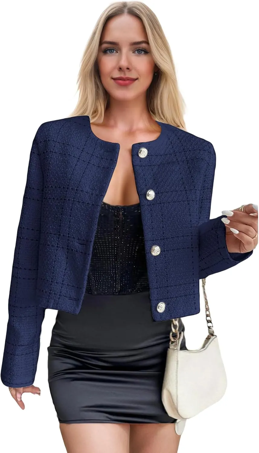 2025 Women's Spring Cropped Blazer Jacket Tweed Plaid Open Front Collarless Casual Business Office Suit Pockets