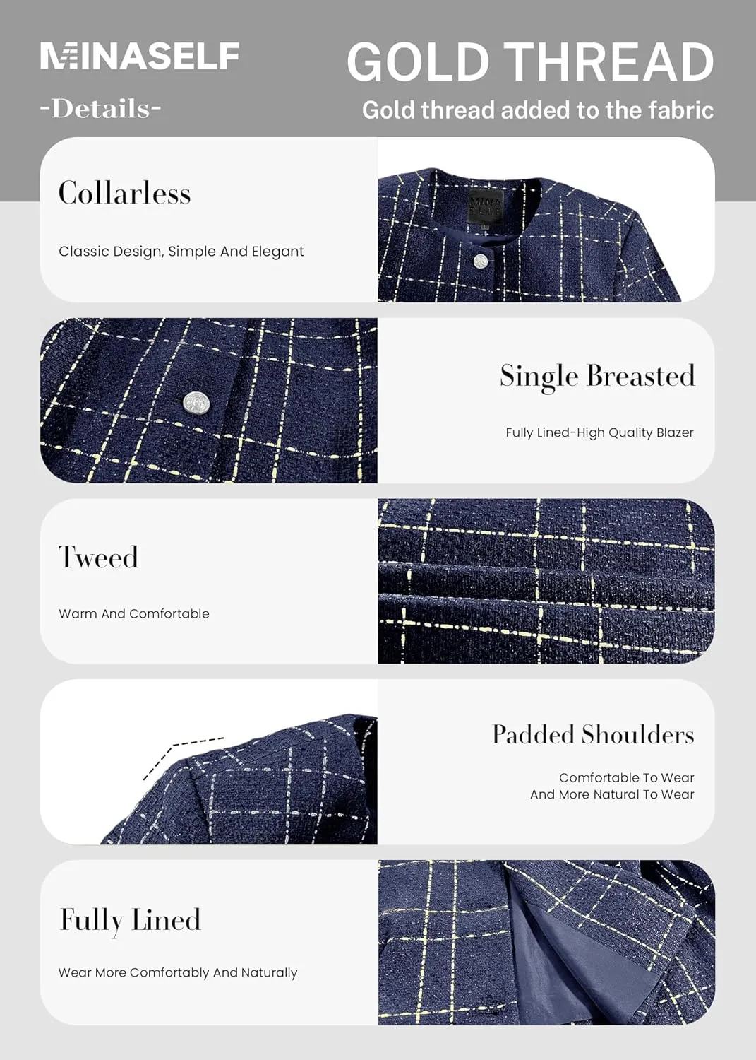 2025 Women's Spring Cropped Blazer Jacket Tweed Plaid Open Front Collarless Casual Business Office Suit Pockets