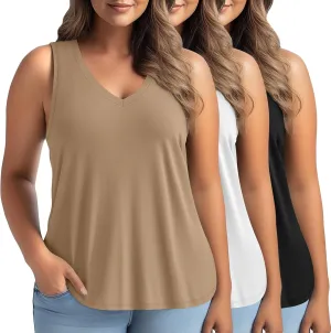 3 Pack Women's Plus Size V Neck Tank Tops Sleeveless Loose Fit Summer Tees Casual Trendy Basic T-Shirts Flat Hem