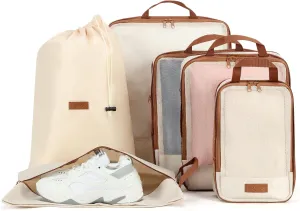 6 Set Compression Packing Cubes for Travel, Lightweight Expandable Organizer with Laundry and Shoe Bag, Luggage Suitcase Accessories, Travel Essentials for Cruise Trips Beige