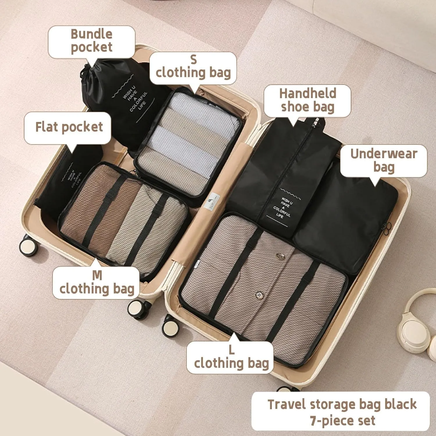 7 Set Packing Cubes for Suitcases, Travel Luggage Packing Organizers with Laundry Bag, Compression Travel Storage Bags, Clothing Underwear Bag, for Man & Women (Black)