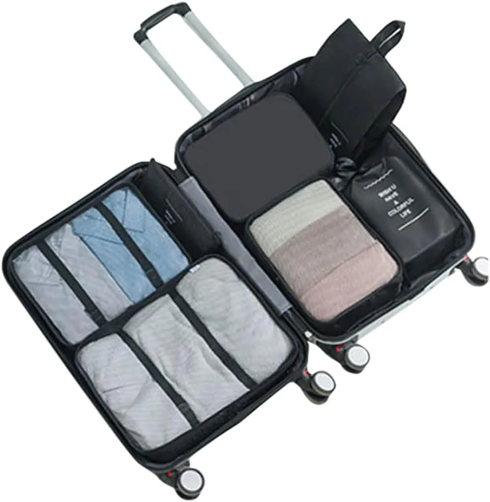 7 Set Packing Cubes for Suitcases, Travel Luggage Packing Organizers with Laundry Bag, Compression Travel Storage Bags, Clothing Underwear Bag, for Man & Women (Black)