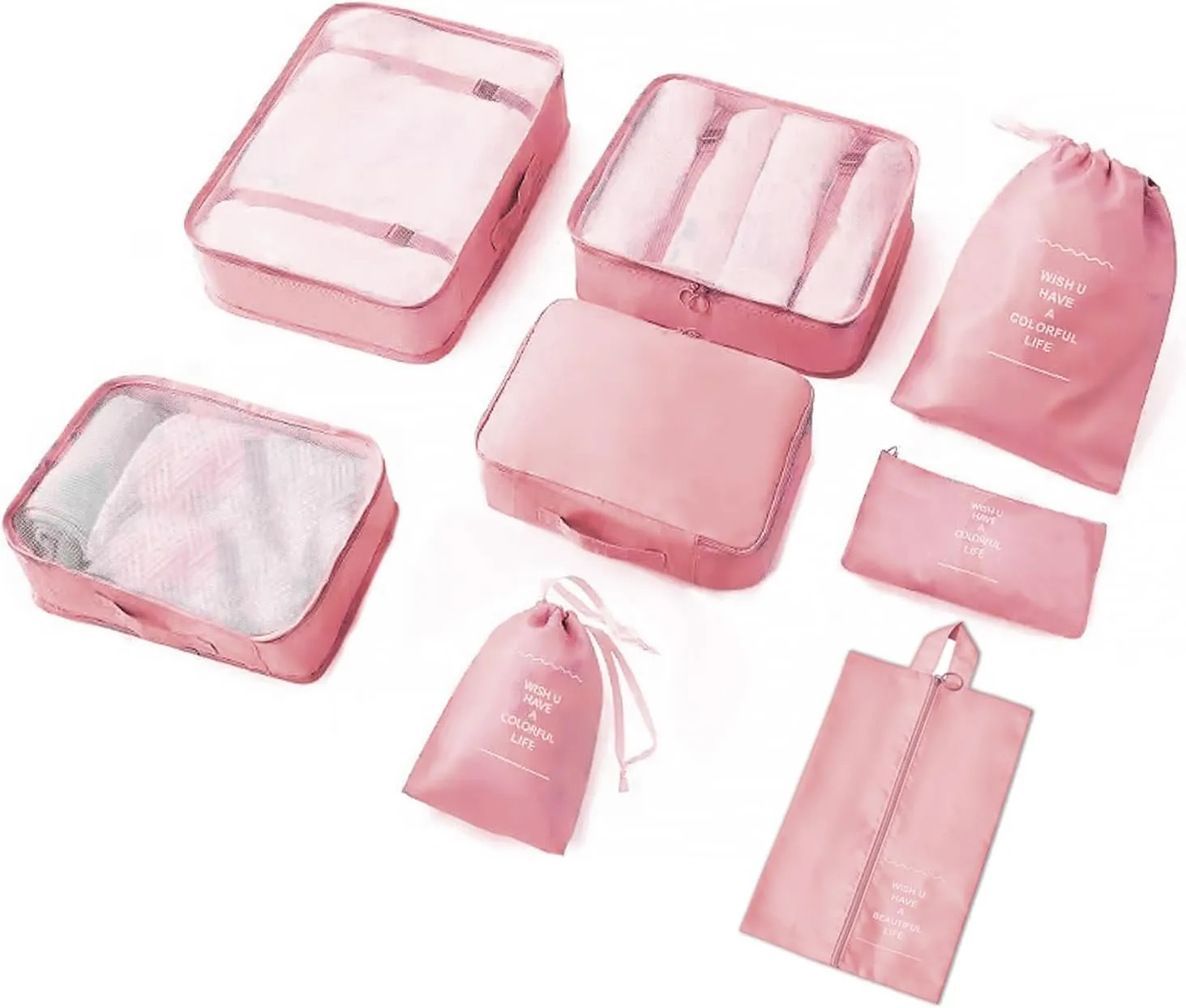 8 Pieces Mesh Packing Cubes for Travel, Luggage Packing Organizers Bags Set, Travel Essentials Suitcases Accessories with Laundry Bag, Storage Shoe Bag, Clothing Underwear Bag (Pink)
