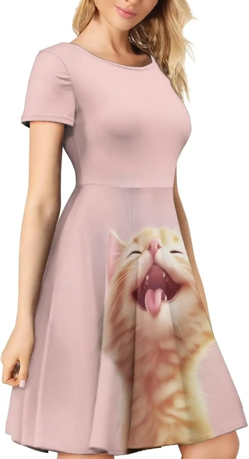 AFPANQZ Women's Summer Dresses Short Sleeves Scoop Neck Flared Swing T-Shirt Dress