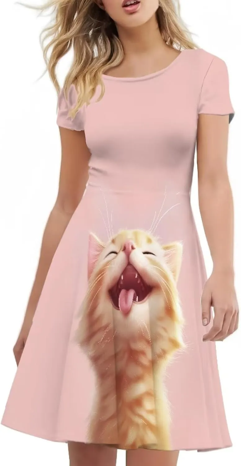 AFPANQZ Women's Summer Dresses Short Sleeves Scoop Neck Flared Swing T-Shirt Dress