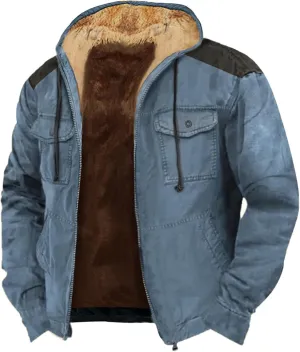 aihihe Men's Warm Fleece Lined Hooded Jacket Zip Up Winter Thermal Outdoor Coat Big and Tall Distressed Outwears with Pockets
