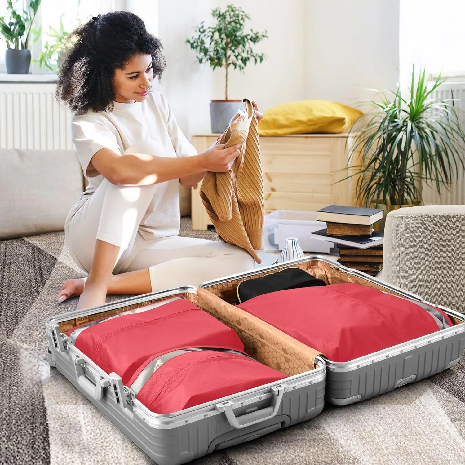 Alizarin Crimson Travel Packing Bags Packing Cubes with Shoe Bag Lightweight Travel Packing Organizers
