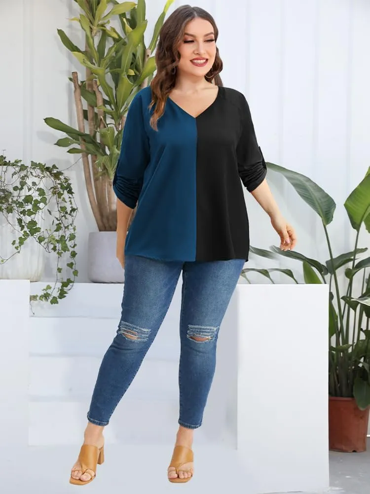AMCLOS Womens Tops Plus Size Tunic V Neck Casual T-Shirts Flowy Color Block Contrast Blouses 3/4 Knotted Sleeve