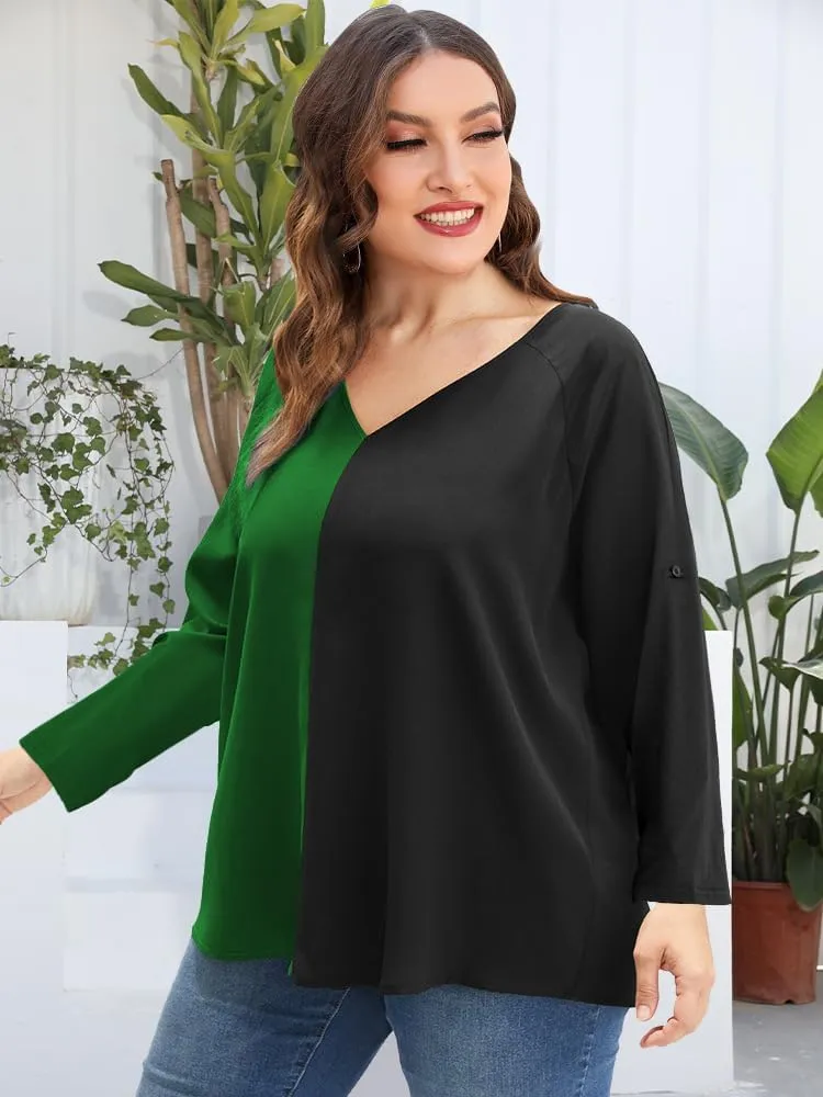 AMCLOS Womens Tops Plus Size Tunic V Neck Casual T-Shirts Flowy Color Block Contrast Blouses 3/4 Knotted Sleeve