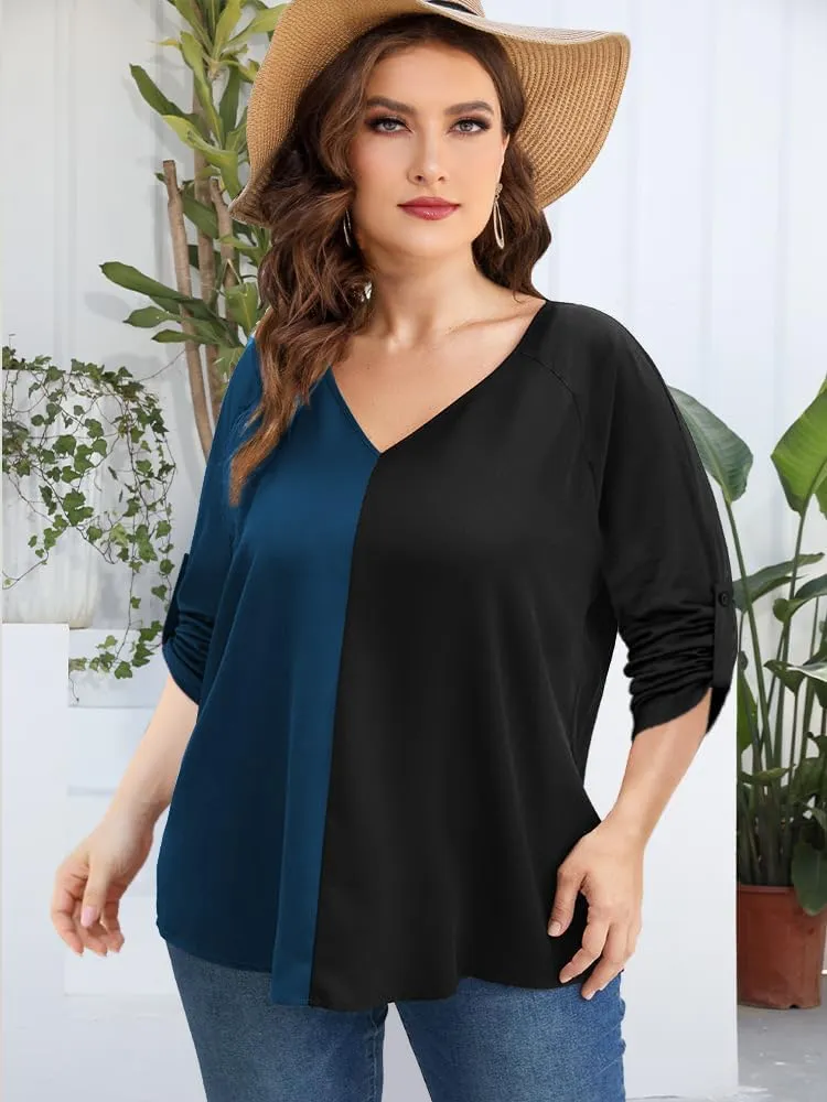 AMCLOS Womens Tops Plus Size Tunic V Neck Casual T-Shirts Flowy Color Block Contrast Blouses 3/4 Knotted Sleeve