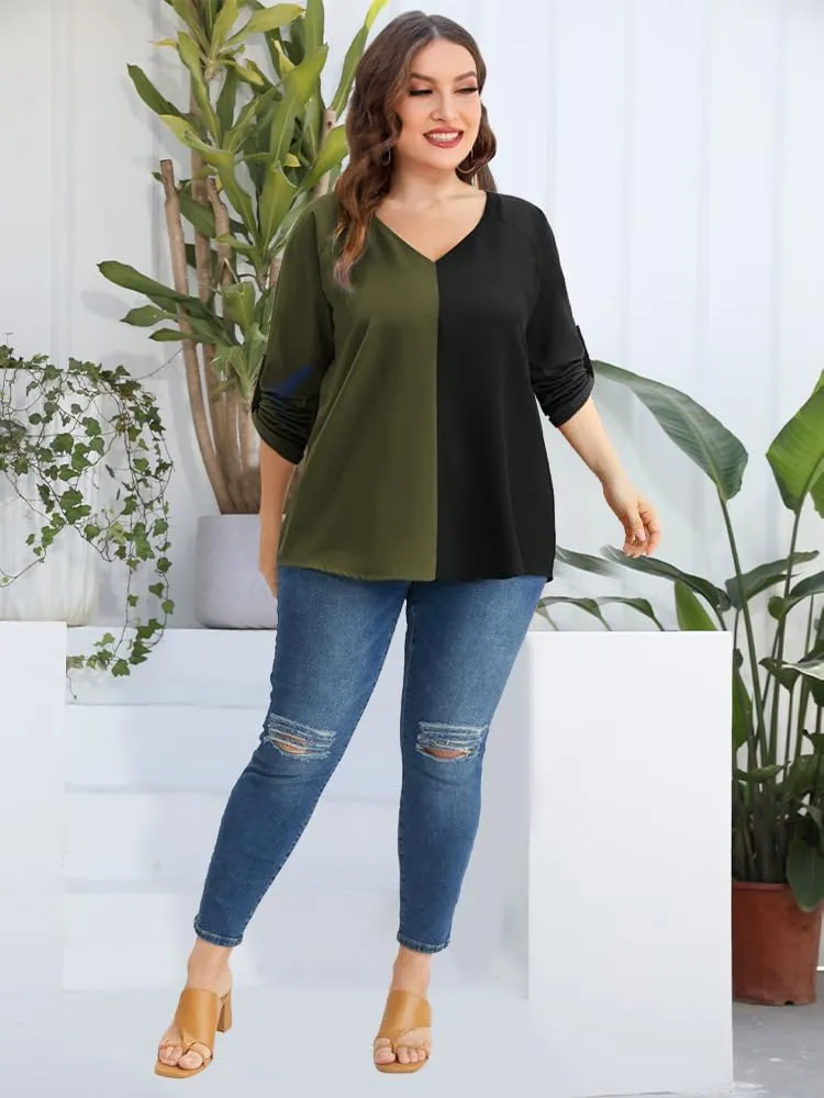 AMCLOS Womens Tops Plus Size Tunic V Neck Casual T-Shirts Flowy Color Block Contrast Blouses 3/4 Knotted Sleeve