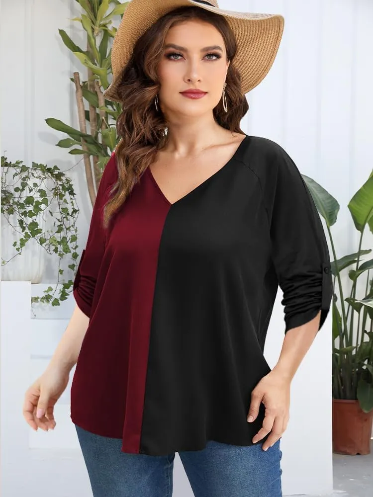 AMCLOS Womens Tops Plus Size Tunic V Neck Casual T-Shirts Flowy Color Block Contrast Blouses 3/4 Knotted Sleeve
