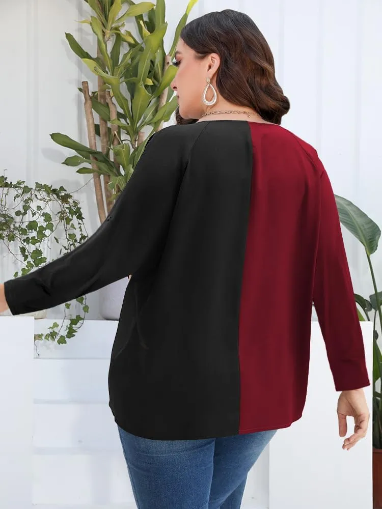AMCLOS Womens Tops Plus Size Tunic V Neck Casual T-Shirts Flowy Color Block Contrast Blouses 3/4 Knotted Sleeve