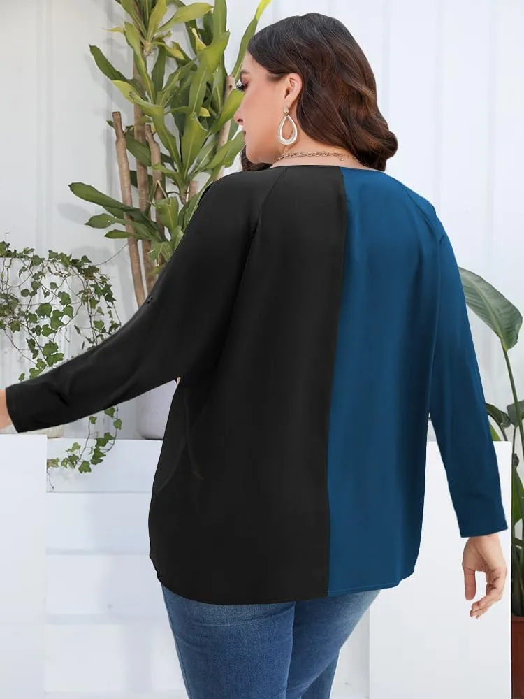 AMCLOS Womens Tops Plus Size Tunic V Neck Casual T-Shirts Flowy Color Block Contrast Blouses 3/4 Knotted Sleeve