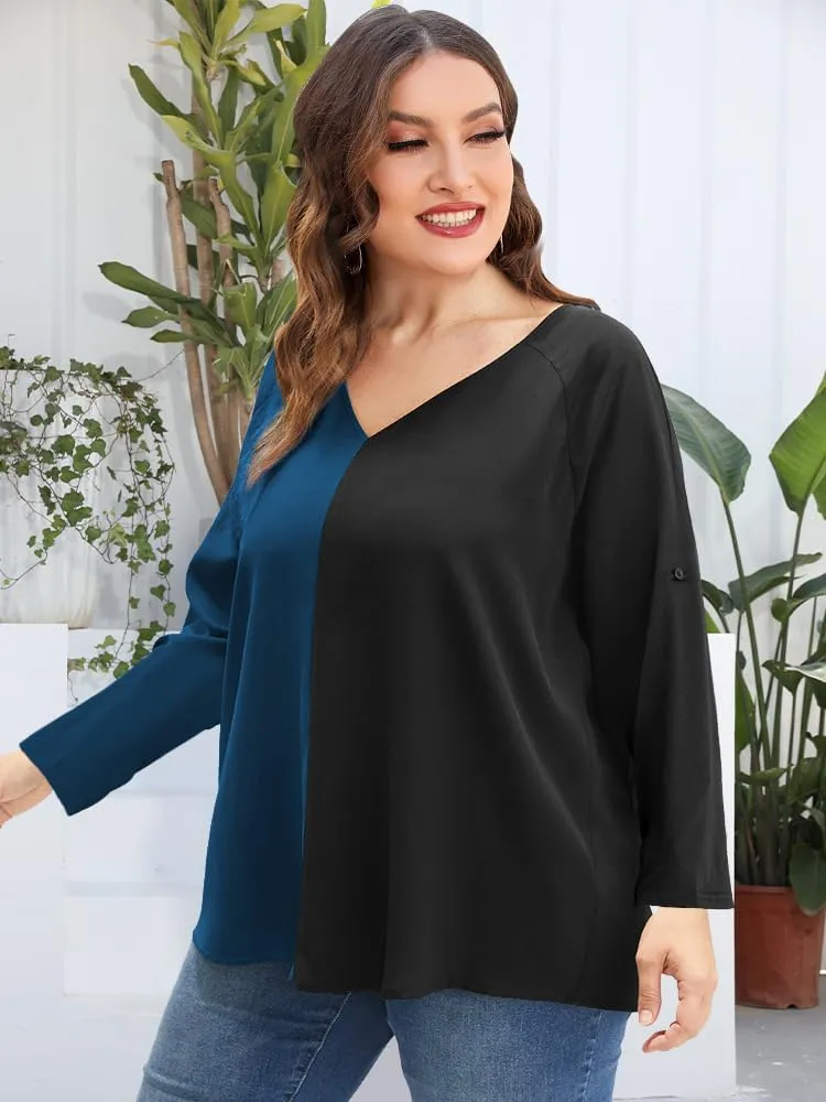AMCLOS Womens Tops Plus Size Tunic V Neck Casual T-Shirts Flowy Color Block Contrast Blouses 3/4 Knotted Sleeve