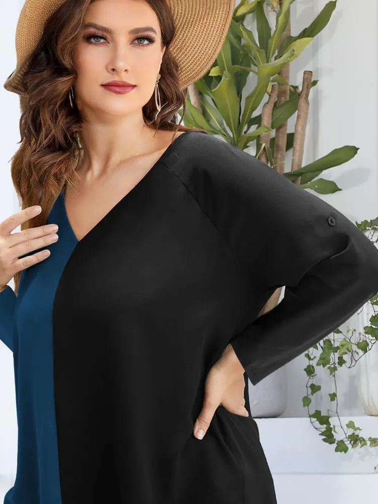 AMCLOS Womens Tops Plus Size Tunic V Neck Casual T-Shirts Flowy Color Block Contrast Blouses 3/4 Knotted Sleeve