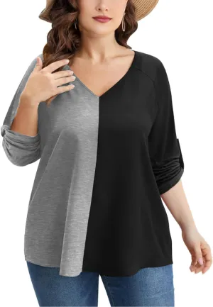 AMCLOS Womens Tops Plus Size Tunic V Neck Casual T-Shirts Flowy Color Block Contrast Blouses 3/4 Knotted Sleeve