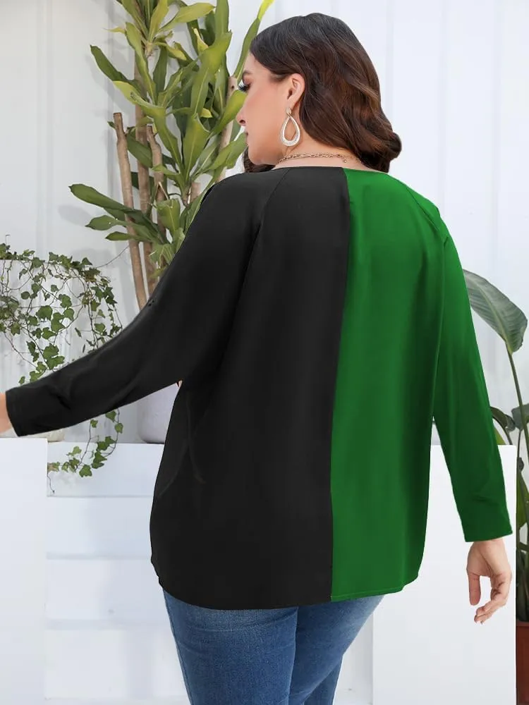 AMCLOS Womens Tops Plus Size Tunic V Neck Casual T-Shirts Flowy Color Block Contrast Blouses 3/4 Knotted Sleeve