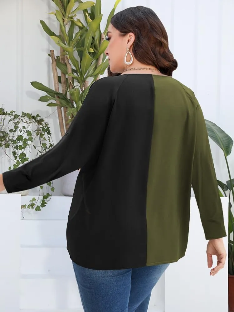 AMCLOS Womens Tops Plus Size Tunic V Neck Casual T-Shirts Flowy Color Block Contrast Blouses 3/4 Knotted Sleeve