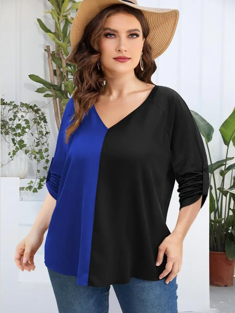 AMCLOS Womens Tops Plus Size Tunic V Neck Casual T-Shirts Flowy Color Block Contrast Blouses 3/4 Knotted Sleeve