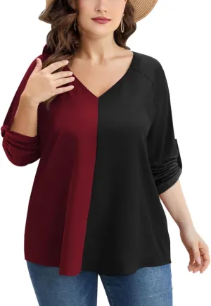 AMCLOS Womens Tops Plus Size Tunic V Neck Casual T-Shirts Flowy Color Block Contrast Blouses 3/4 Knotted Sleeve
