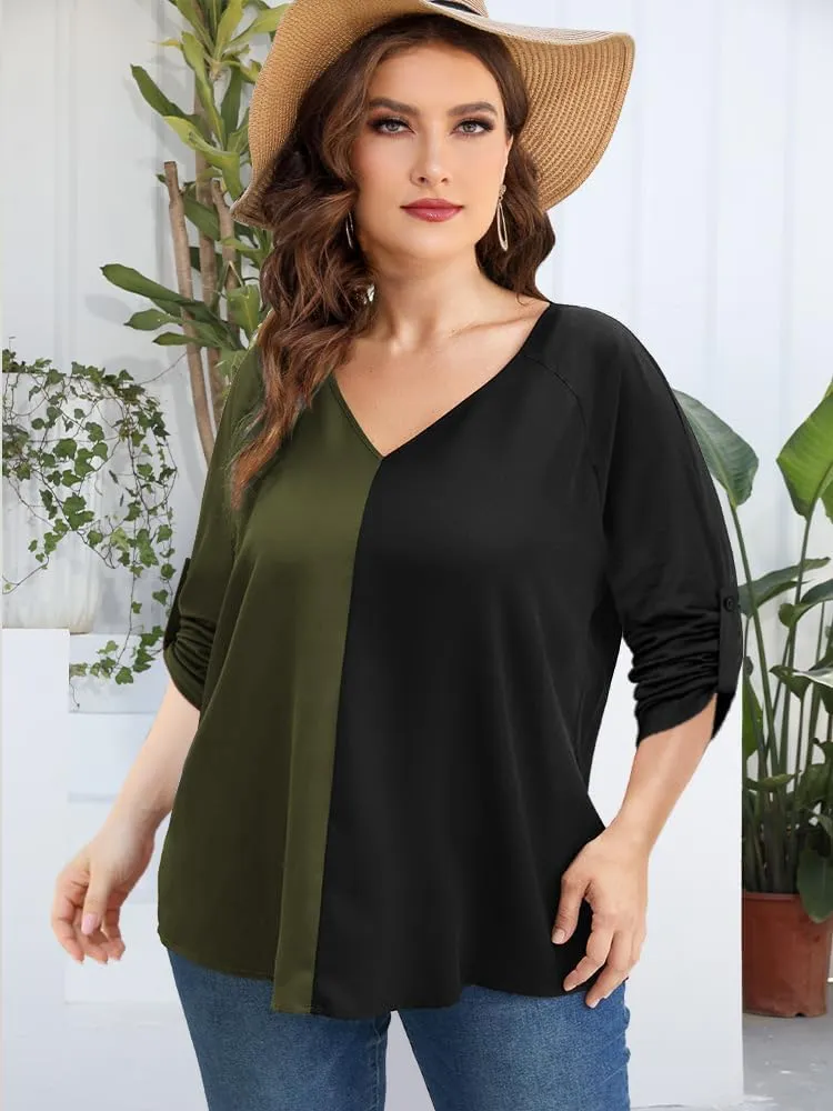 AMCLOS Womens Tops Plus Size Tunic V Neck Casual T-Shirts Flowy Color Block Contrast Blouses 3/4 Knotted Sleeve