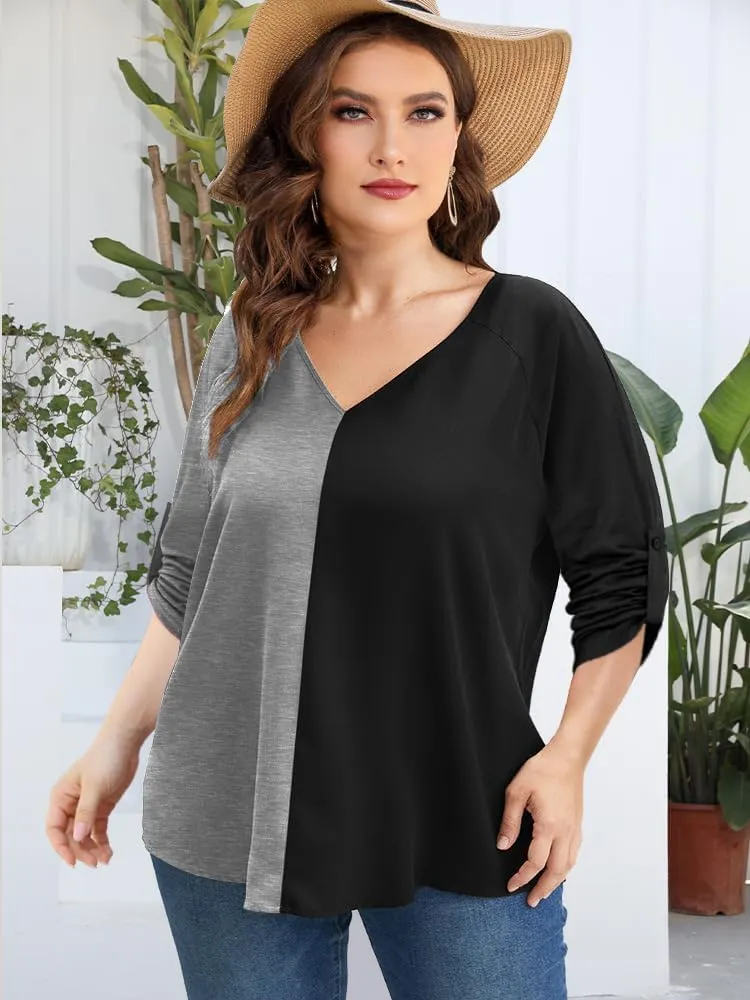 AMCLOS Womens Tops Plus Size Tunic V Neck Casual T-Shirts Flowy Color Block Contrast Blouses 3/4 Knotted Sleeve