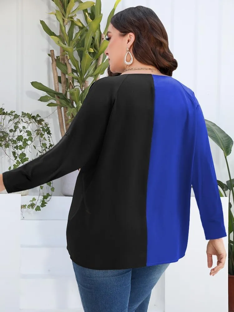 AMCLOS Womens Tops Plus Size Tunic V Neck Casual T-Shirts Flowy Color Block Contrast Blouses 3/4 Knotted Sleeve