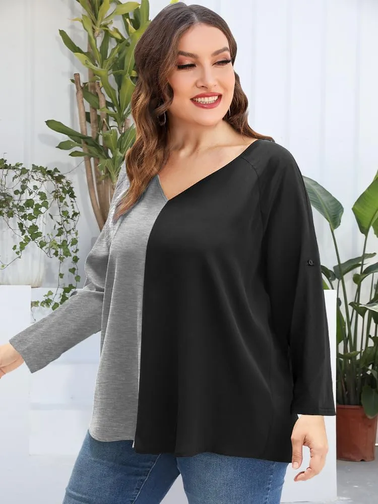 AMCLOS Womens Tops Plus Size Tunic V Neck Casual T-Shirts Flowy Color Block Contrast Blouses 3/4 Knotted Sleeve