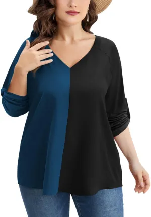AMCLOS Womens Tops Plus Size Tunic V Neck Casual T-Shirts Flowy Color Block Contrast Blouses 3/4 Knotted Sleeve