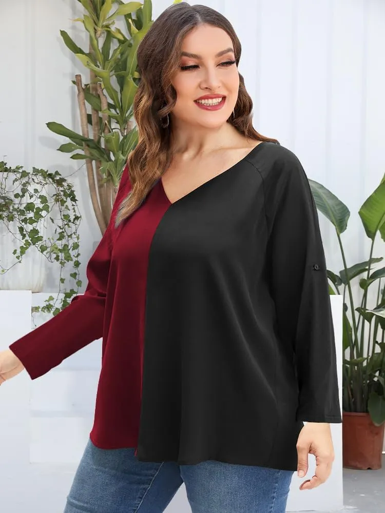 AMCLOS Womens Tops Plus Size Tunic V Neck Casual T-Shirts Flowy Color Block Contrast Blouses 3/4 Knotted Sleeve