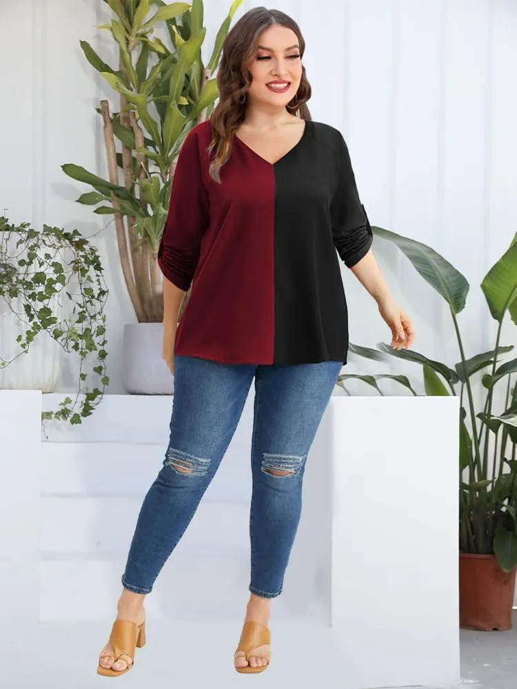 AMCLOS Womens Tops Plus Size Tunic V Neck Casual T-Shirts Flowy Color Block Contrast Blouses 3/4 Knotted Sleeve
