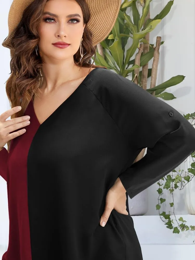 AMCLOS Womens Tops Plus Size Tunic V Neck Casual T-Shirts Flowy Color Block Contrast Blouses 3/4 Knotted Sleeve