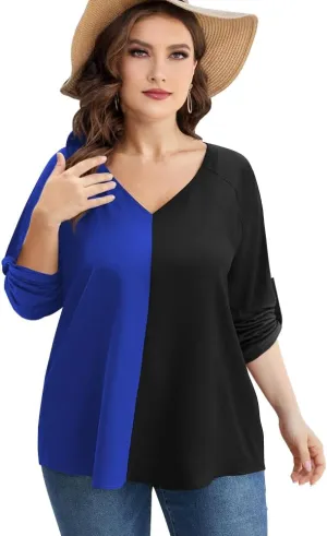 AMCLOS Womens Tops Plus Size Tunic V Neck Casual T-Shirts Flowy Color Block Contrast Blouses 3/4 Knotted Sleeve