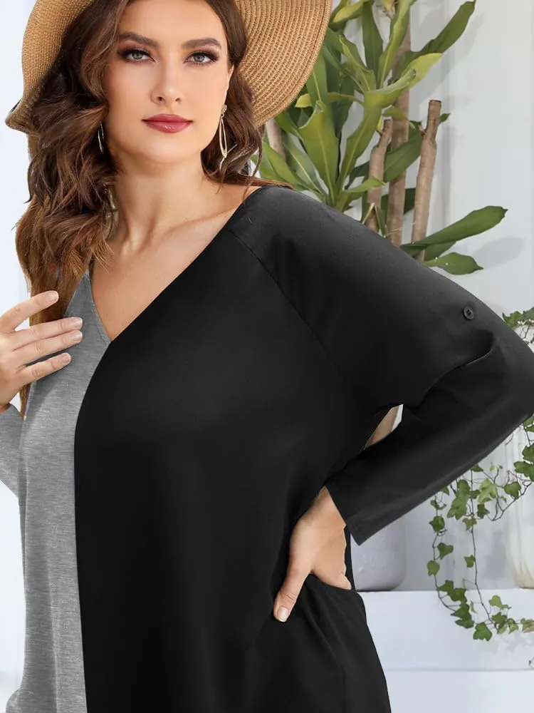 AMCLOS Womens Tops Plus Size Tunic V Neck Casual T-Shirts Flowy Color Block Contrast Blouses 3/4 Knotted Sleeve