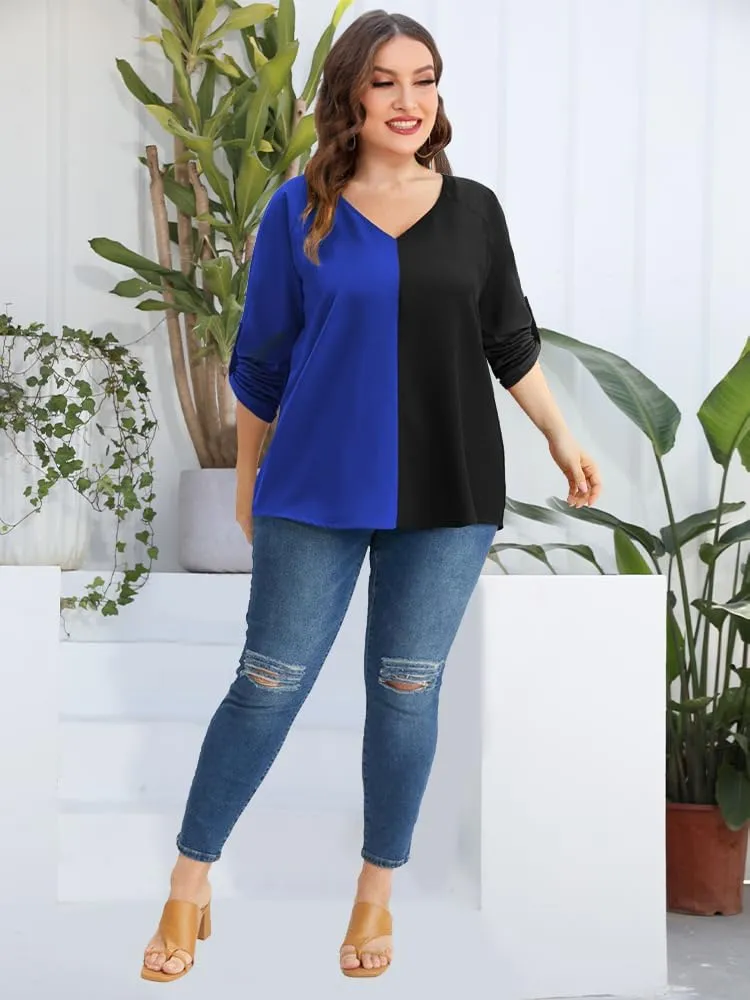 AMCLOS Womens Tops Plus Size Tunic V Neck Casual T-Shirts Flowy Color Block Contrast Blouses 3/4 Knotted Sleeve