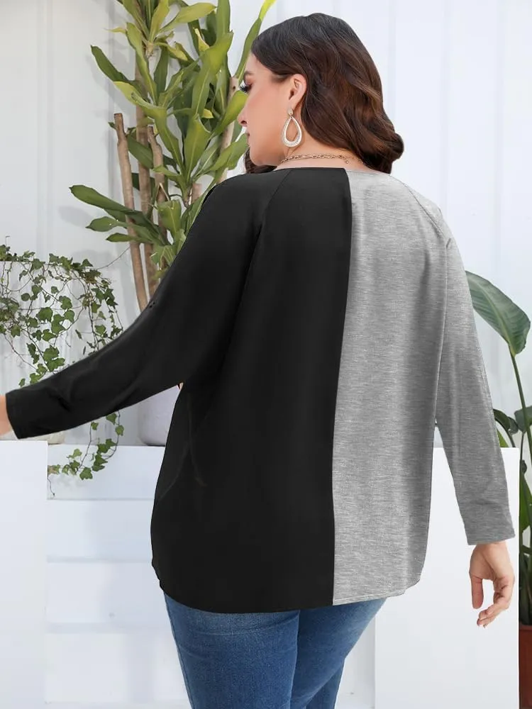 AMCLOS Womens Tops Plus Size Tunic V Neck Casual T-Shirts Flowy Color Block Contrast Blouses 3/4 Knotted Sleeve