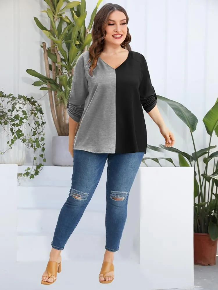 AMCLOS Womens Tops Plus Size Tunic V Neck Casual T-Shirts Flowy Color Block Contrast Blouses 3/4 Knotted Sleeve
