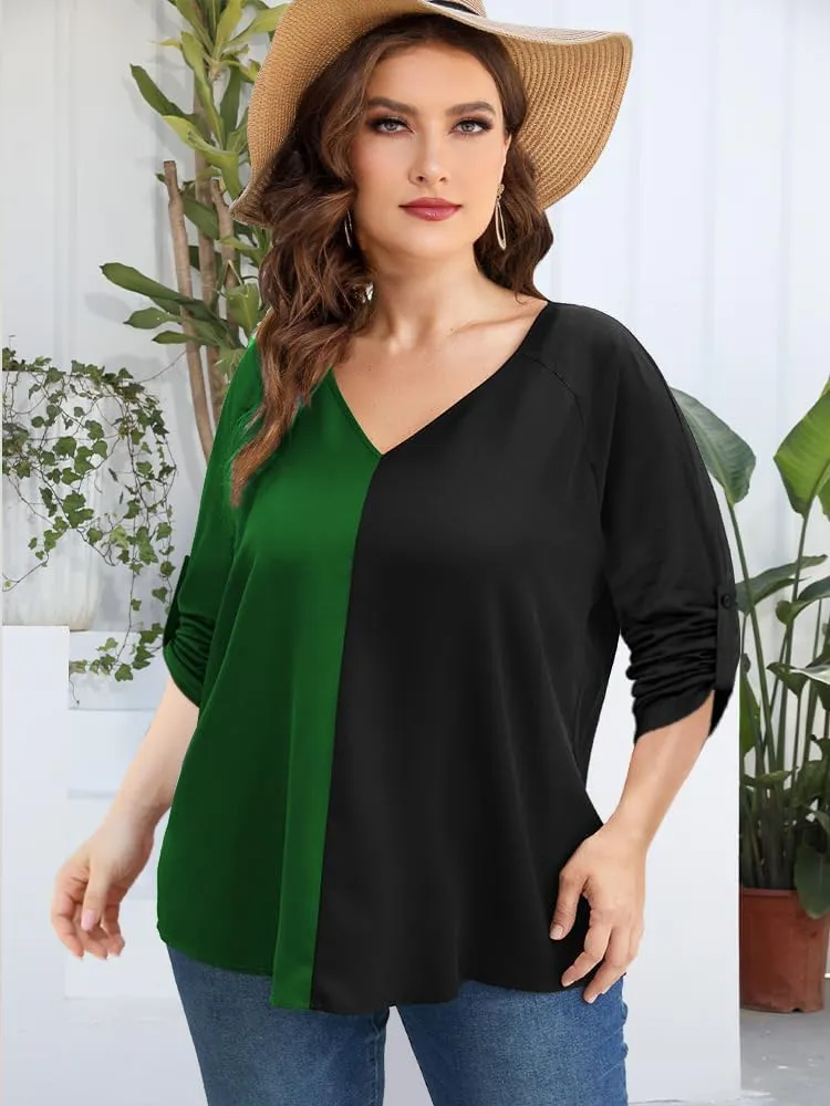 AMCLOS Womens Tops Plus Size Tunic V Neck Casual T-Shirts Flowy Color Block Contrast Blouses 3/4 Knotted Sleeve