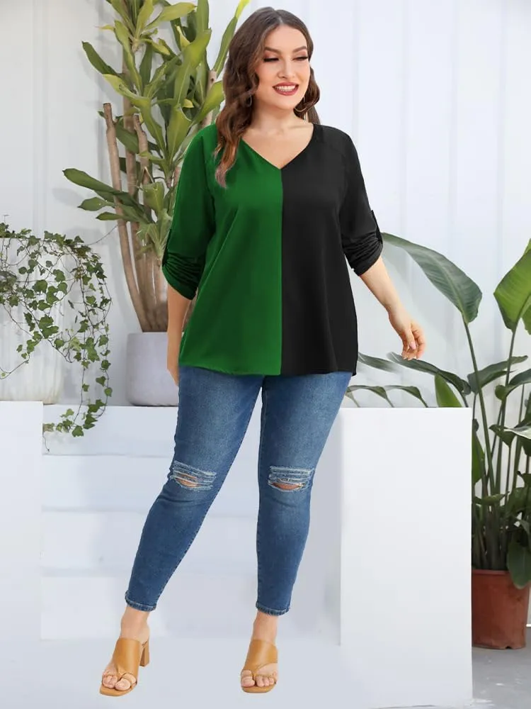 AMCLOS Womens Tops Plus Size Tunic V Neck Casual T-Shirts Flowy Color Block Contrast Blouses 3/4 Knotted Sleeve